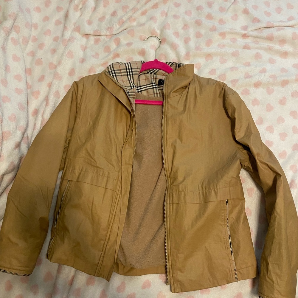 brown rain jacket with plaid details